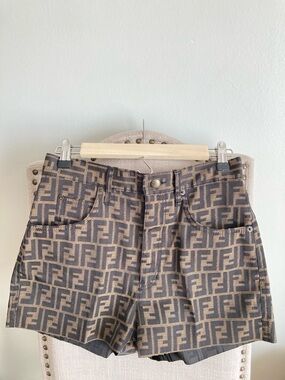 Fendi Brown and Black FF Logo Denim Shorts
